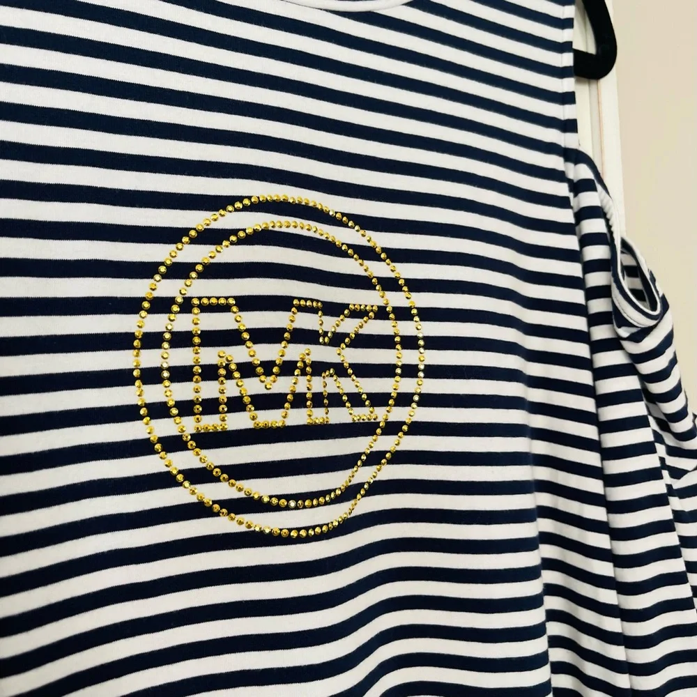 MICHAEL KORS Off Shoulder Navy Blue And White Striped Logo Studded Dress…